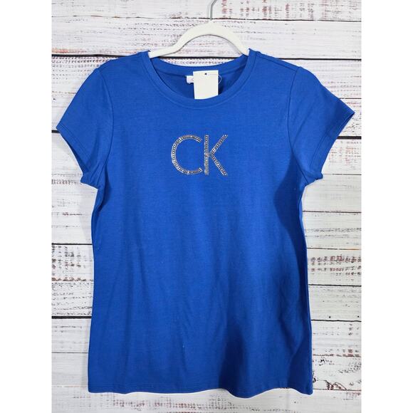 Calvin Klein Women's Blue Celestial CK Logo Rhinestone T-Shirt Top Size M NWT - Picture 1 of 4